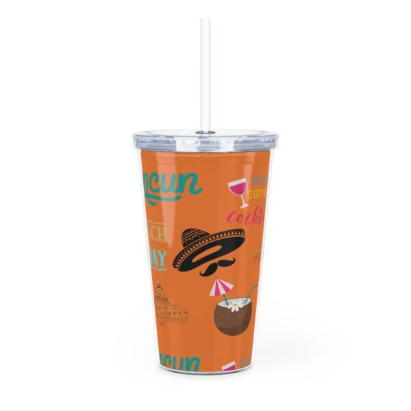 Cancun Orange Plastic Tumbler with Straw - Image 3